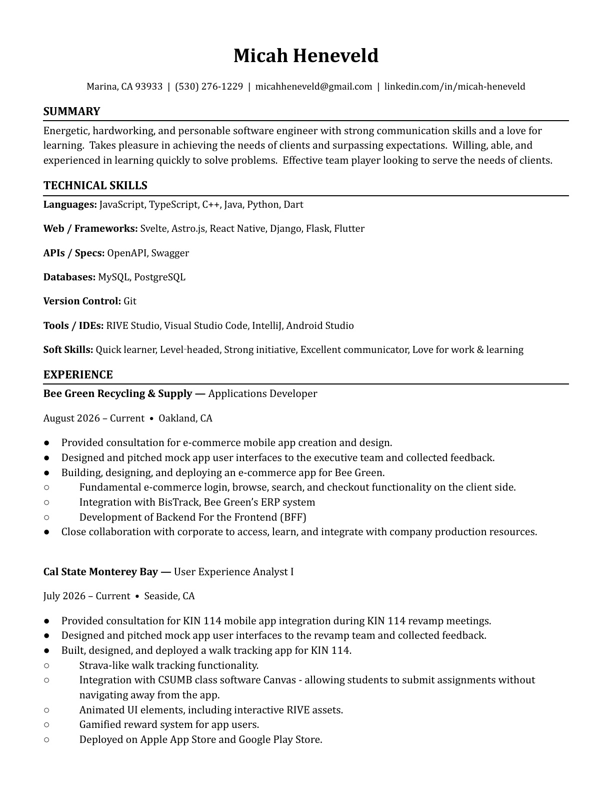 Micah Heneveld resume, page 1